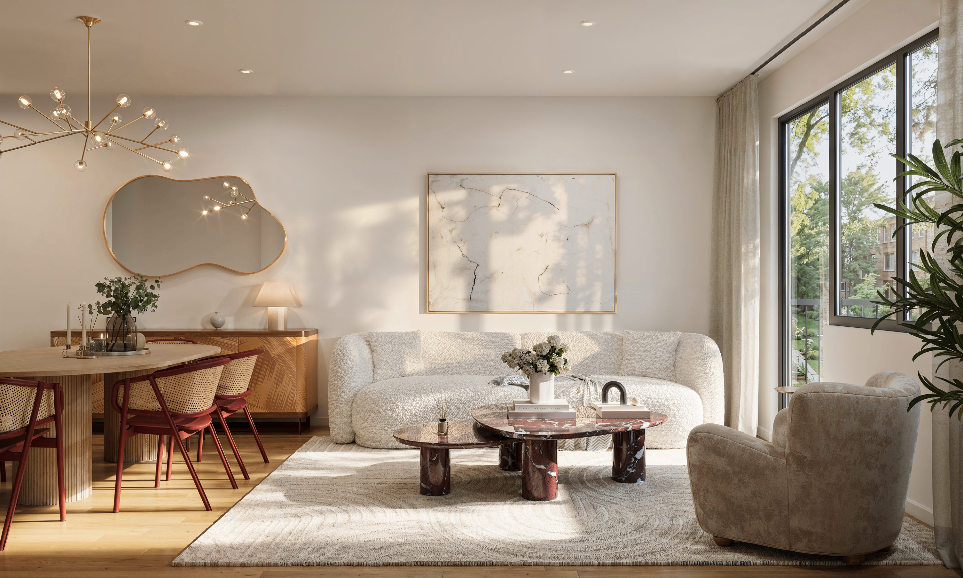 Living and dining interior at 32 Schaefer